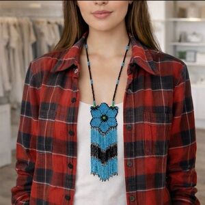BOHO BEADED MEDALLION NECKLACE BLUE FRINGE TRIBAL STYLE STATEMENT